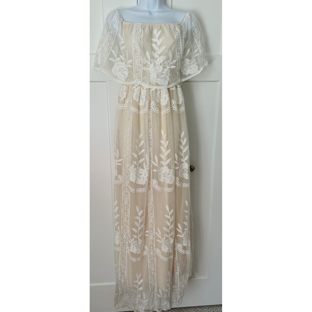 Baltic Born Leon Off Shoulder Embroidered Maxi Dress Champagne White Lace Small
